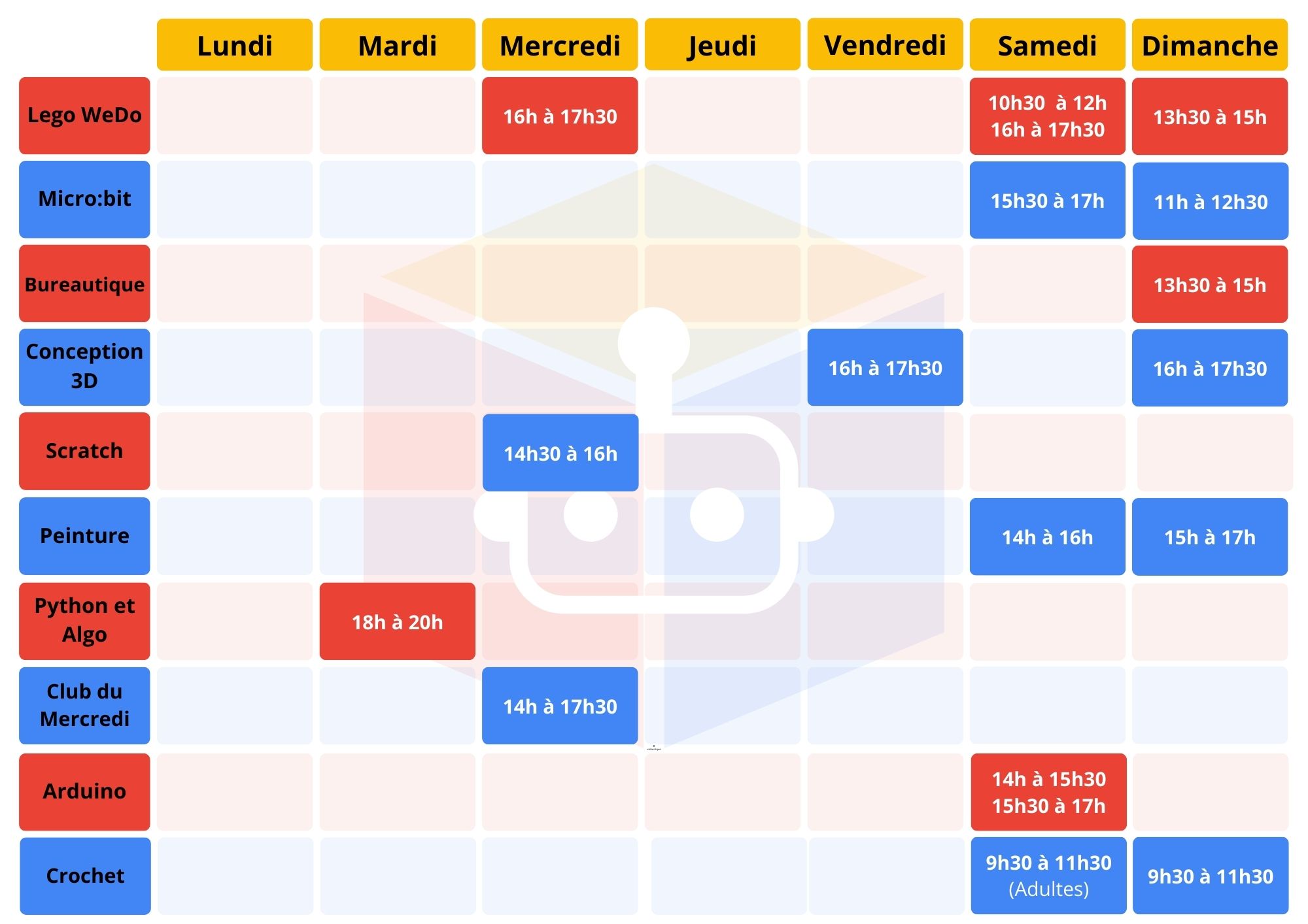 Emploi du temps hebdomadaire des ateliers Techy Space pour enfants, adolescents et adultes, incluant Lego WeDo, Micro:bit, bureautique, Scratch, Python, Arduino, peinture, crochet et conception 3D.