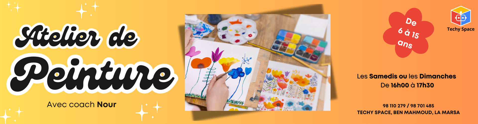 Atelier de peinture pour enfants de 6 à 15 ans chez Techy Space La Marsa, animé par coach Nour, tous les samedis ou dimanches de 16h à 17h30.