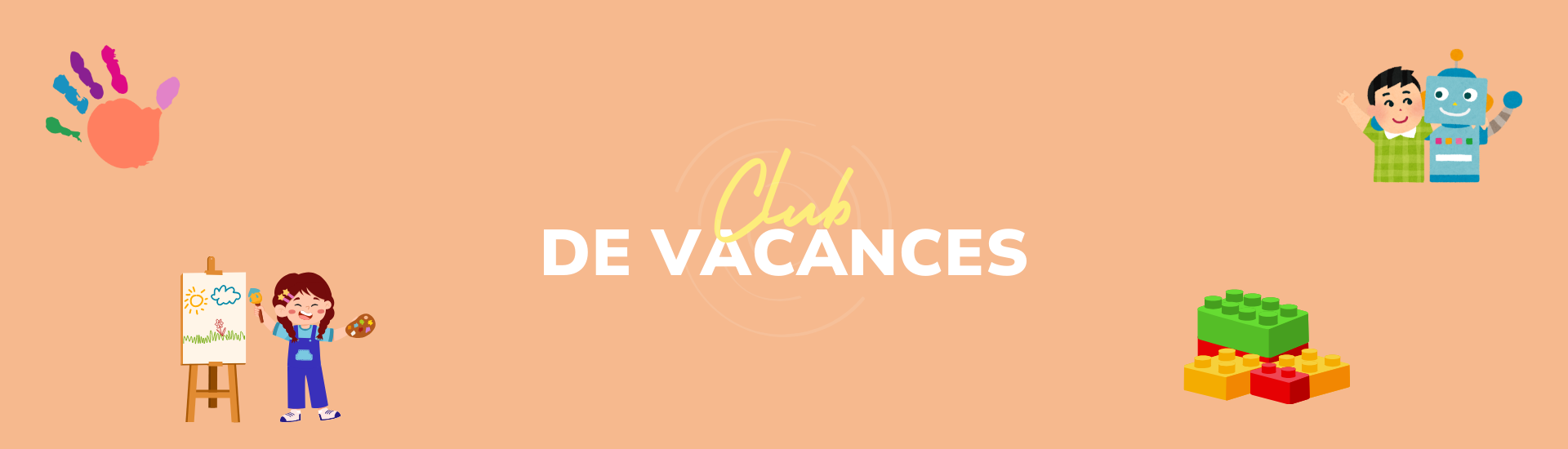 Bannière du club de vacances pour enfants à Techy Space avec dessins de peinture, robotique et jeux créatifs