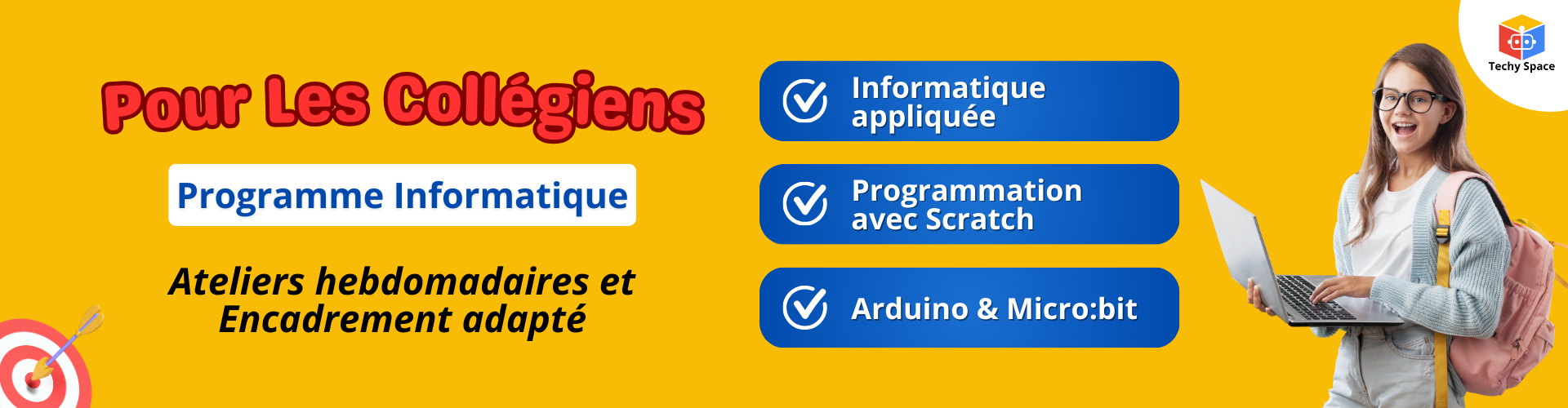 Programme informatique pour collégiens chez Techy Space : ateliers hebdomadaires en informatique appliquée, Scratch, Arduino et Micro:bit.