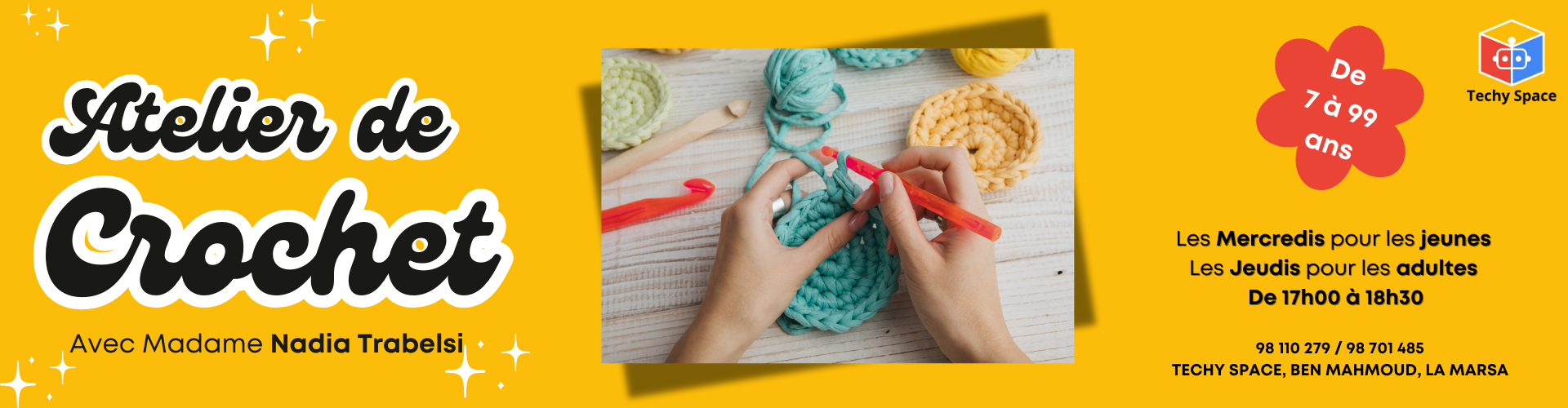 Atelier de crochet à Techy Space La Marsa avec Nadia Trabelsi – Activité créative pour jeunes et adultes