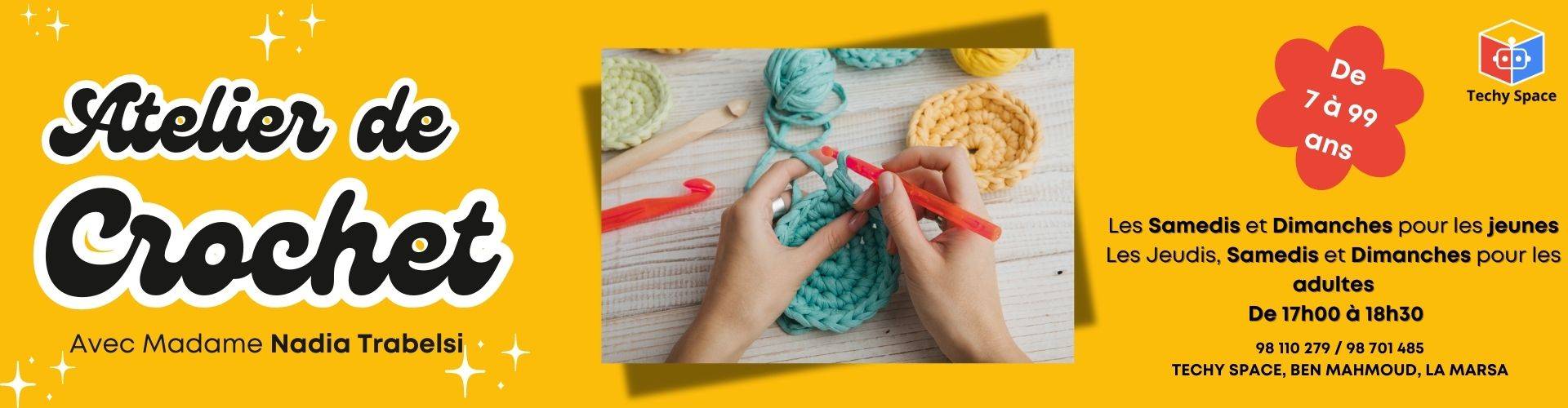 Atelier de crochet à Techy Space La Marsa avec Nadia Trabelsi – Activité créative pour jeunes et adultes