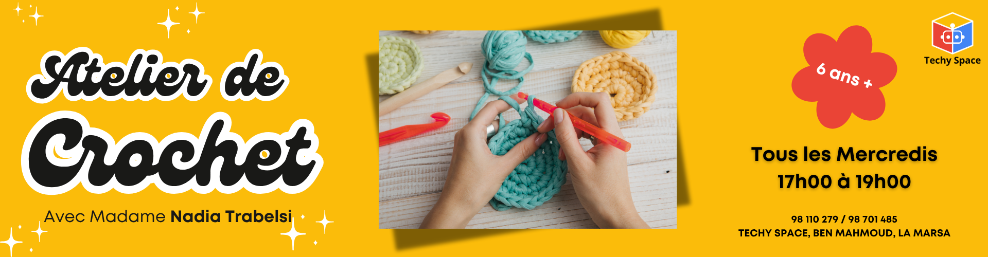 Atelier de crochet pour enfants à partir de 6 ans, organisé par Techy Space à La Marsa, animé par Madame Nadia Trabelsi, chaque mercredi de 17h à 19h.